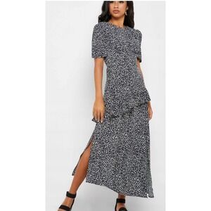 TOPSHOP Leopard Print Tiered Maxi‎ Dress High Split Short Sleeve